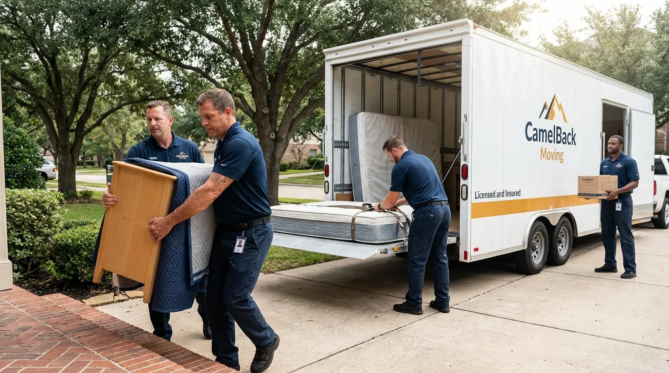 Crew loading residential truck for cross-state move from South Paris, ME