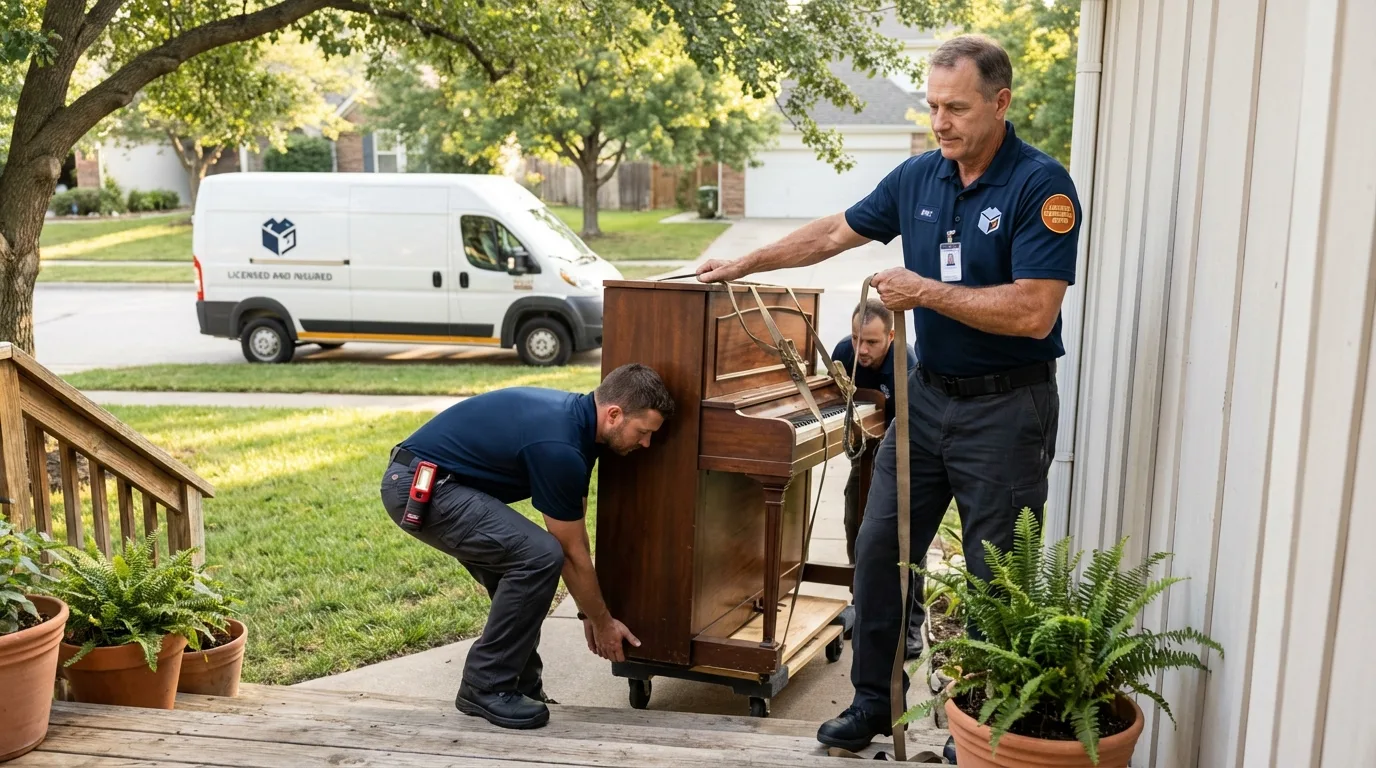 Licensed piano movers securing grand piano in South Paris, ME