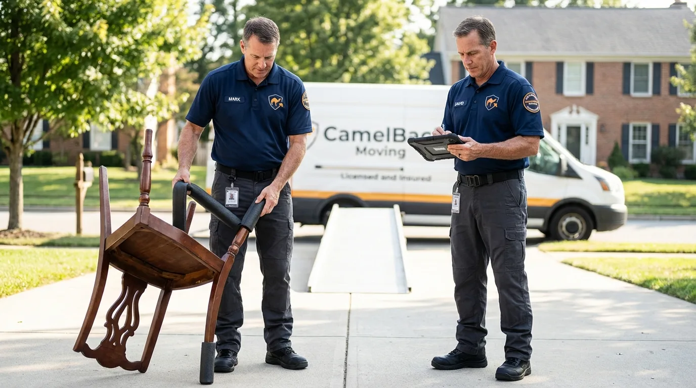 Movers inspecting furniture for damage prevention before loading in South Paris, ME