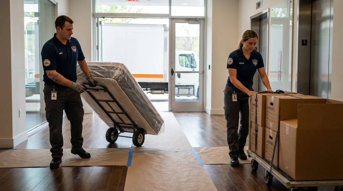 Professional apartment movers loading elevator in South Paris, ME