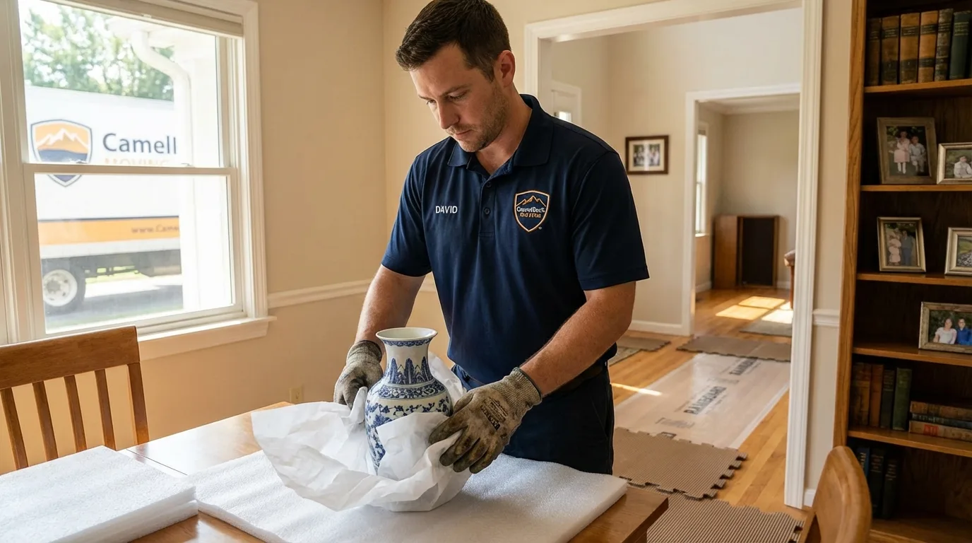 Professional crew carefully wrapping antique vase for senior downsizing move in South Paris, ME