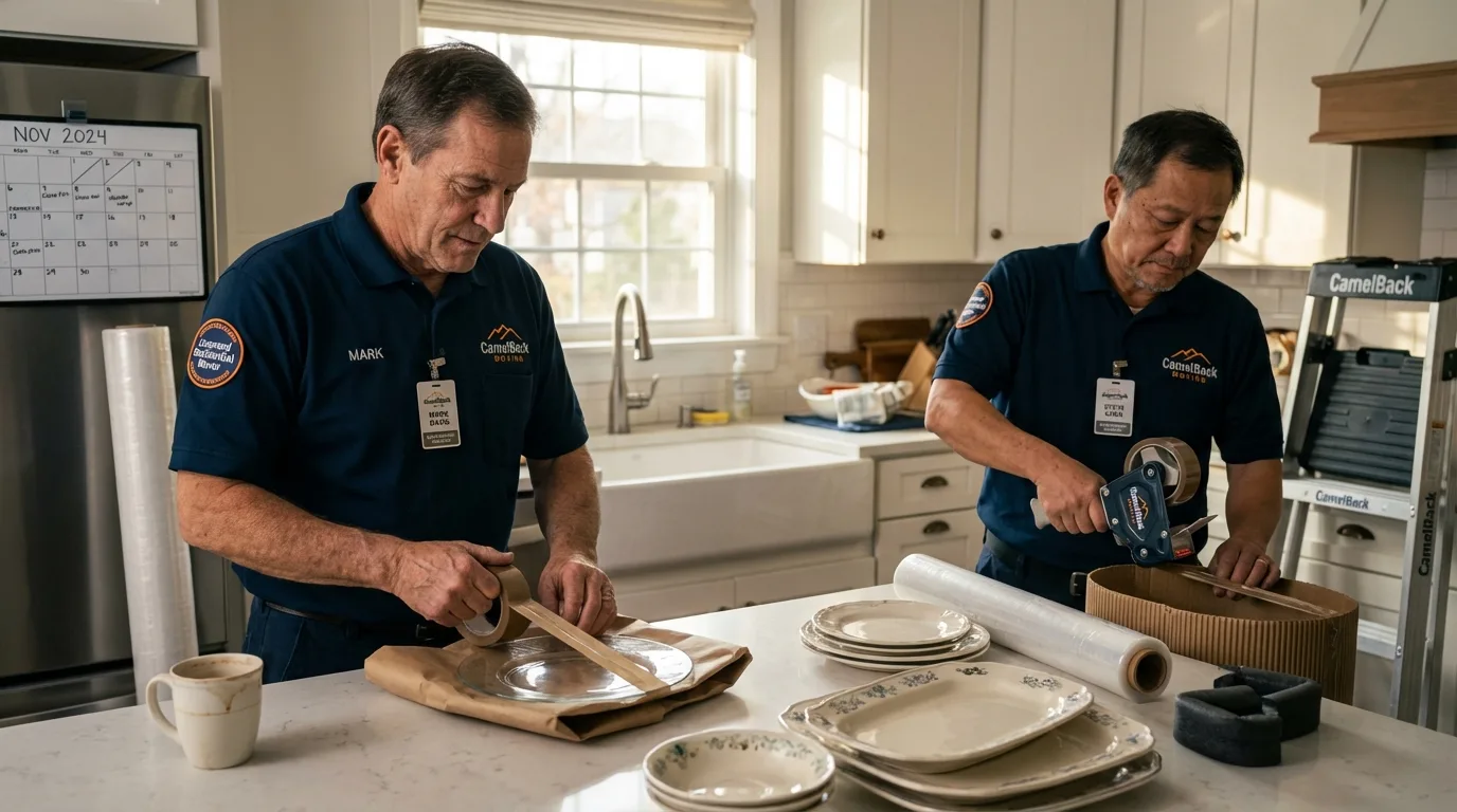 Professional crew packing kitchen dishware in South Paris, ME